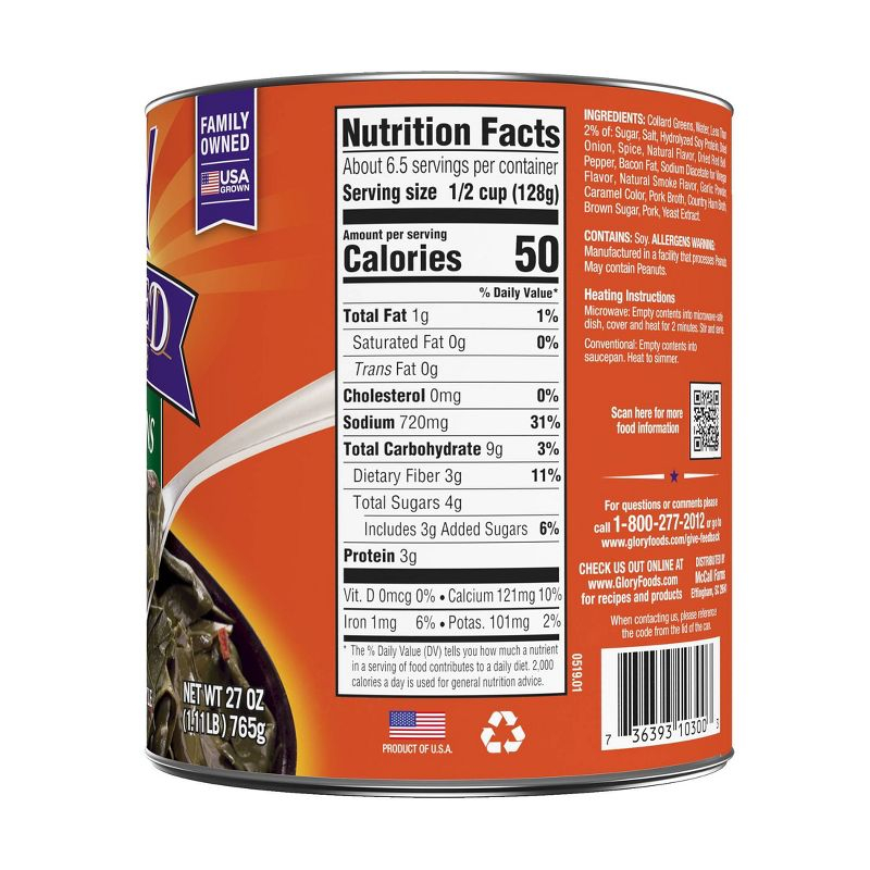Glory Gluten Free Foods Seasoned Southern Style Collard Greens 27oz
