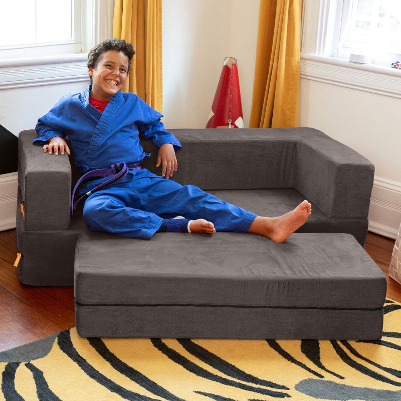 Jaxx Zipline Kids Sofa & Large Ottoman, 3 in 1 Fold Out Sofa, Big Kids Edition, Charcoal