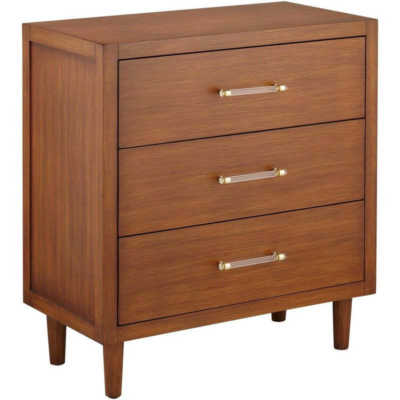 55 Downing Street Ollie 32" Wide Teak 3-Drawer Modern Cabinet with Crystal Handles