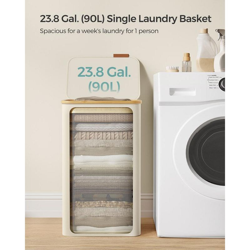 SONGMICS Laundry Hamper with Lid, Large Laundry Basket, 23.8 Gallons (90L), Removable Mesh Liner, Bamboo Handles, Collapsible Cream White