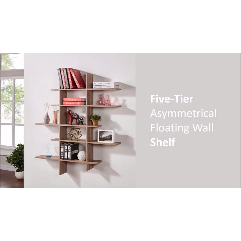 Danya B. 51" x 45" Five Level Asymmetric Shelf Brown: Modular Laminated MDF, Wall Organizer with Mounting Hardware