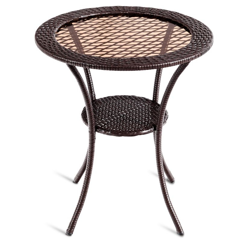 Tangkula Outdoor Side Table with Storage PE Wicker Patio Bistro Table with Tempered Glass Tabletop