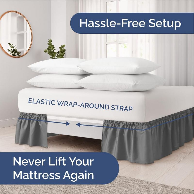 CGK Linens Elastic Wrap-Around Dust Ruffled Bed Skirt - Easy Fit with Pleated 15" Drop in Dark Grey, Size Twin