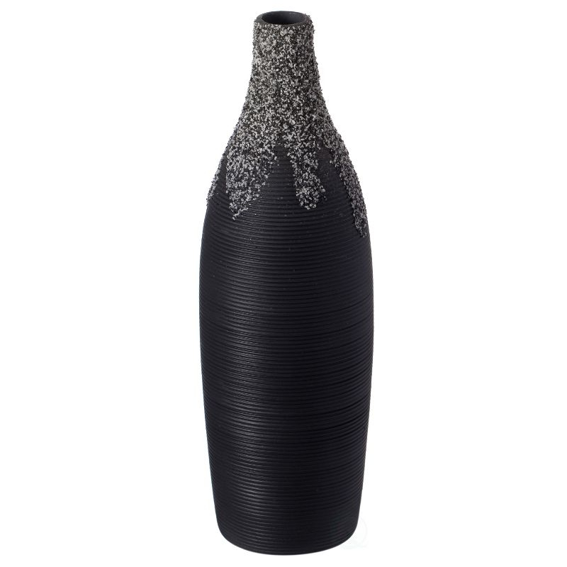 Uniquewise 9 Inch Modern Decorative Ceramic Table Vase Ripped Design Bottle Shape Flower Holder, Black