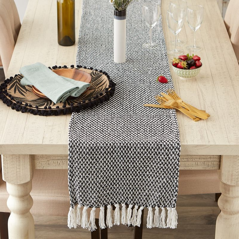 Design Imports  Woven Jacquard Fringe Table Runner, Black, 15X72"