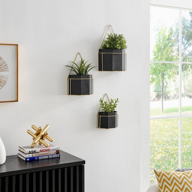 3 Piece Modern Geometric Metal Wall Planters Black/Gold - Danya B.: Indoor/Outdoor, No Assembly Required, Includes Hanging Hardware