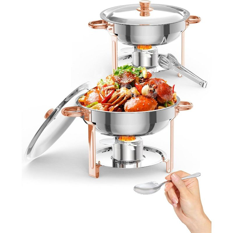 5QT round chafing dish buffet set (2-pack) in Rose Gold, NSF-certified stainless steel with lid, spoon, and tweezer, ideal for catering and events.