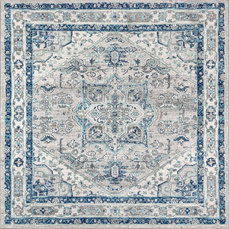5'x5' Modern Persian Vintage Medallion Area Rug, Light Grey/Blue - JONATHAN Y