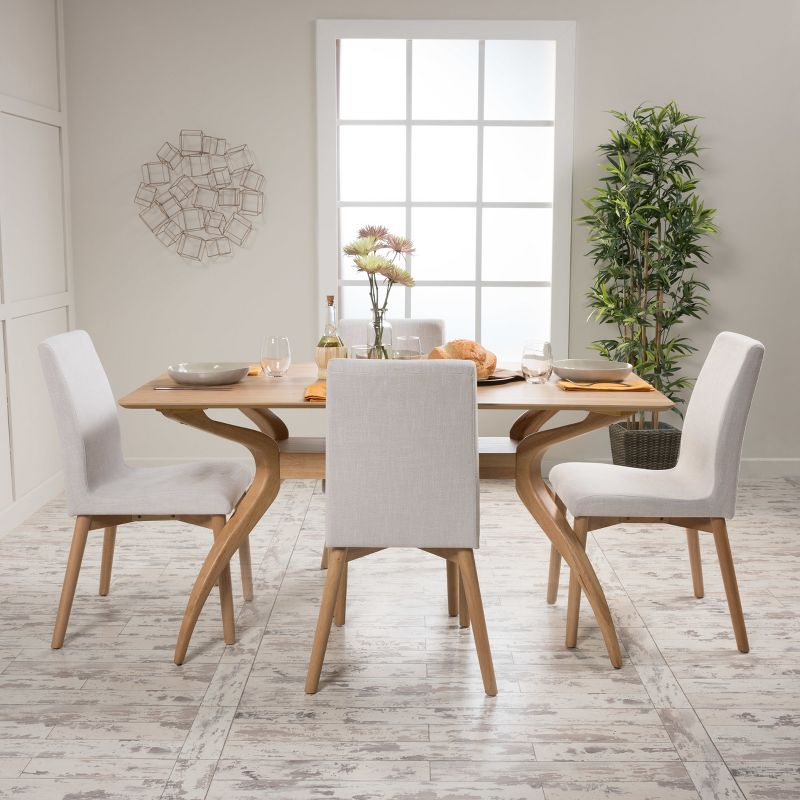 5pc Orrin 60" Curved Leg Dining Set Light Beige/Oak Brown - Christopher Knight Home: Mid-Century, Upholstered Chairs