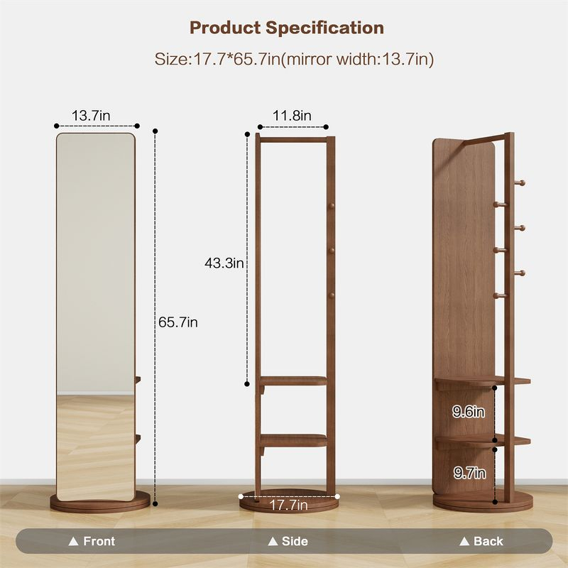 Full Length Mirror with Stand, 360°Swivel Full Body Mirror with Cloak Rack, Modern Standing Mirror for Bedroom Living Room Entryway 65.7" Walnut