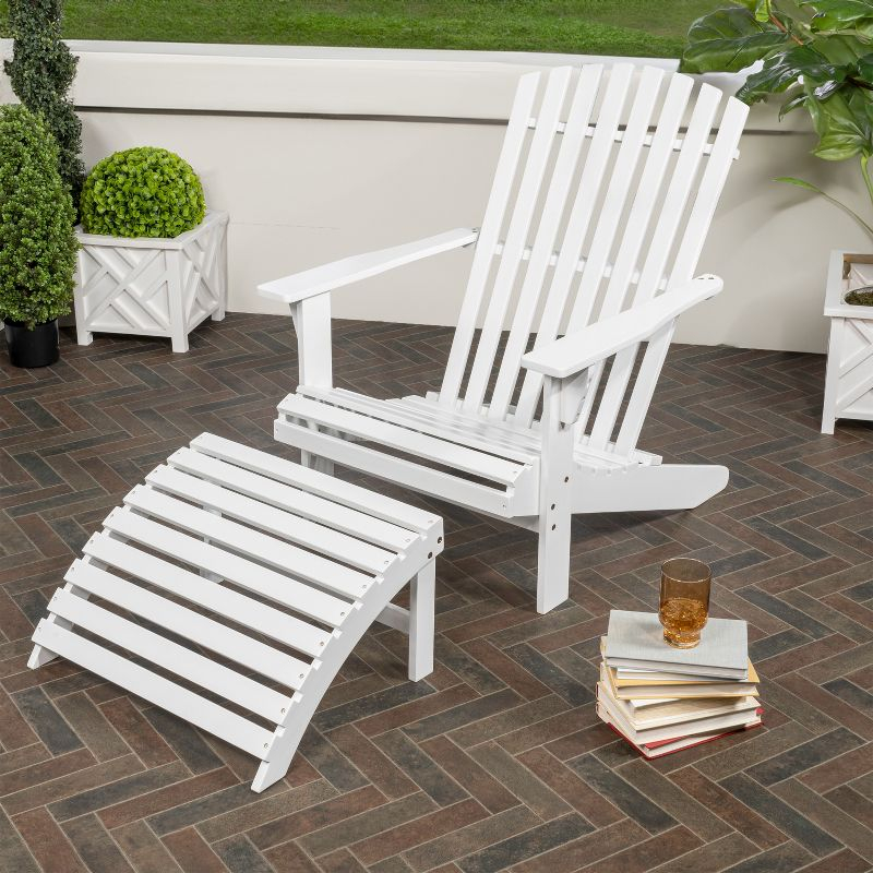 Saranac 2-Piece Traditional Rustic Acacia Wood Adirondack Chair with Detachable Ottoman, White - JONATHAN Y