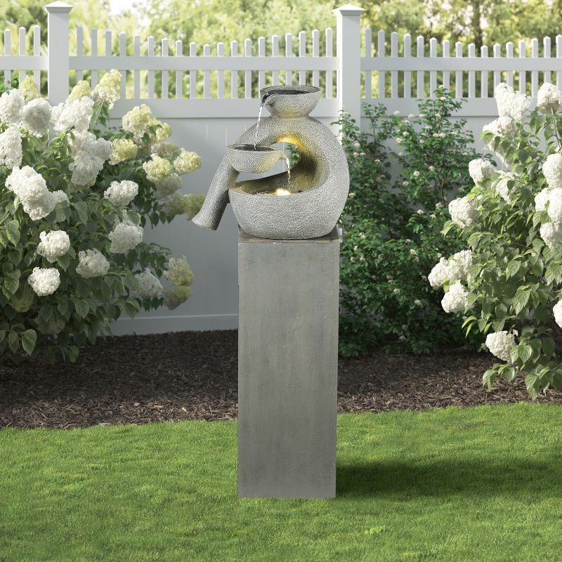 LuxenHome Gray Resin Modern Sculpture Pedestal Outdoor Fountain with Lights