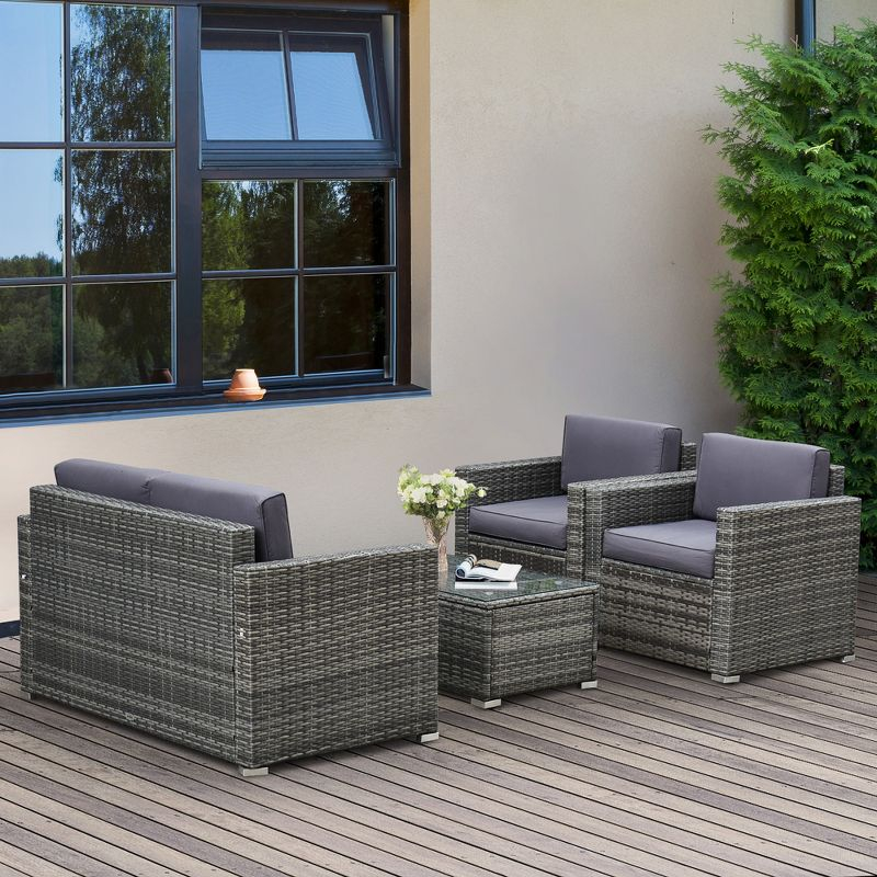 Outsunny 4-Piece Rattan Wicker Furniture Set, Outdoor Cushioned Conversation Furniture with 2 Chairs, Loveseat, and Glass Coffee Table, Gray