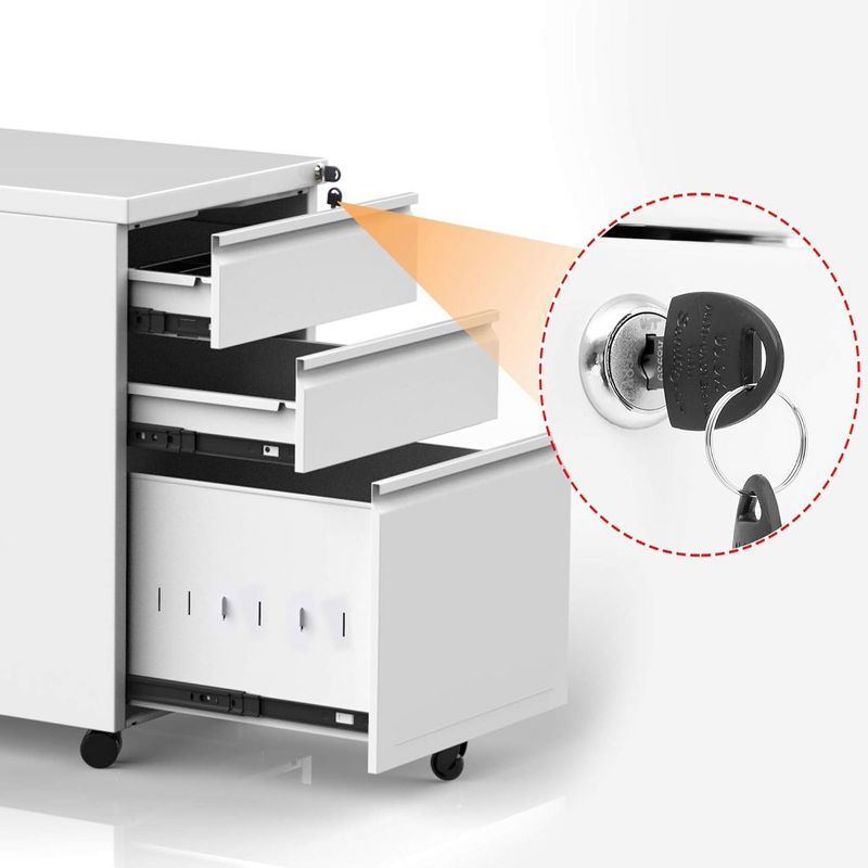 AOBABO 3 Drawer Mobile File Organizer, Lockable Metal Filing Cabinet Storage Cart w/Pencil Tray for Home & Office Organization, Fully Assembled, White