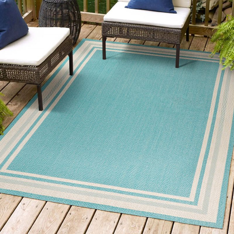 5' x 8' James Modern Border Stripe Indoor/Outdoor Area Rug, Aqua/Beige - JONATHAN Y