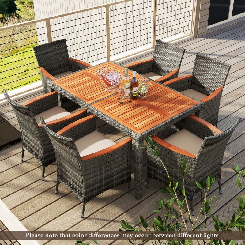 Tangkula 7PCS Patio Rattan Furniture Set Outdoor Conversation Set w/Cushions Acacia Wood Table
