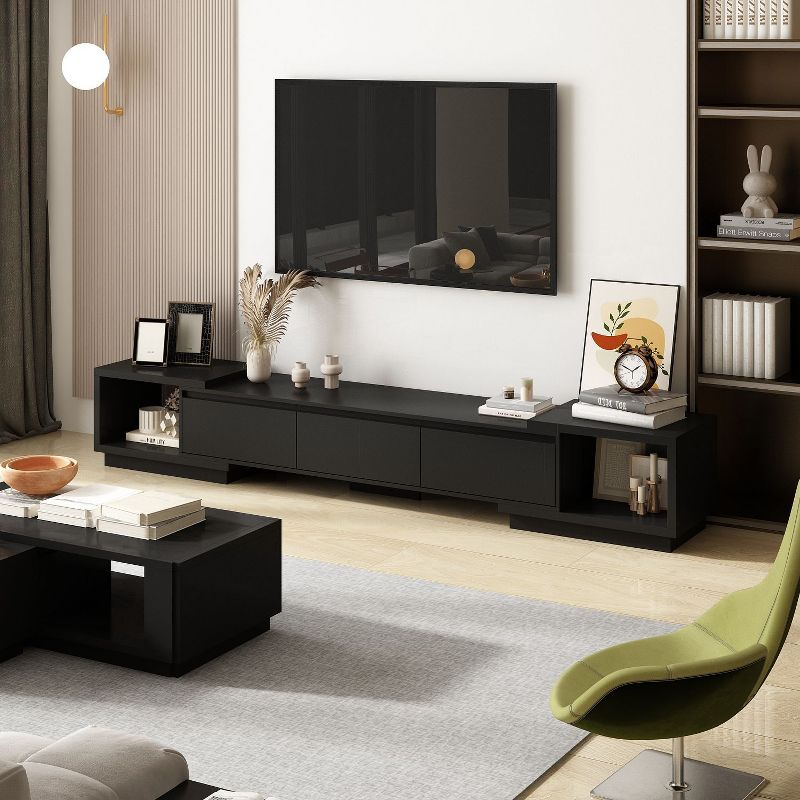 Famapy Black Extendable TV Console Table Modern TV Cabinet with Drawers