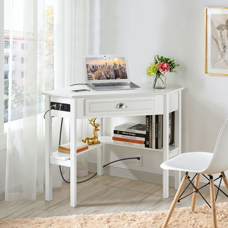 Yaheetech Corner Computer Desk Workstation with Power Outlet White