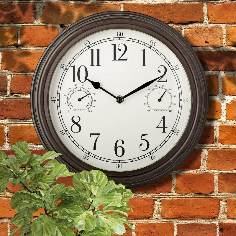 12" Outdoor Wall Clock with Weather Resistant Temperature/Humidity Dials - Westclox: Quartz Movement, Bronze Frame