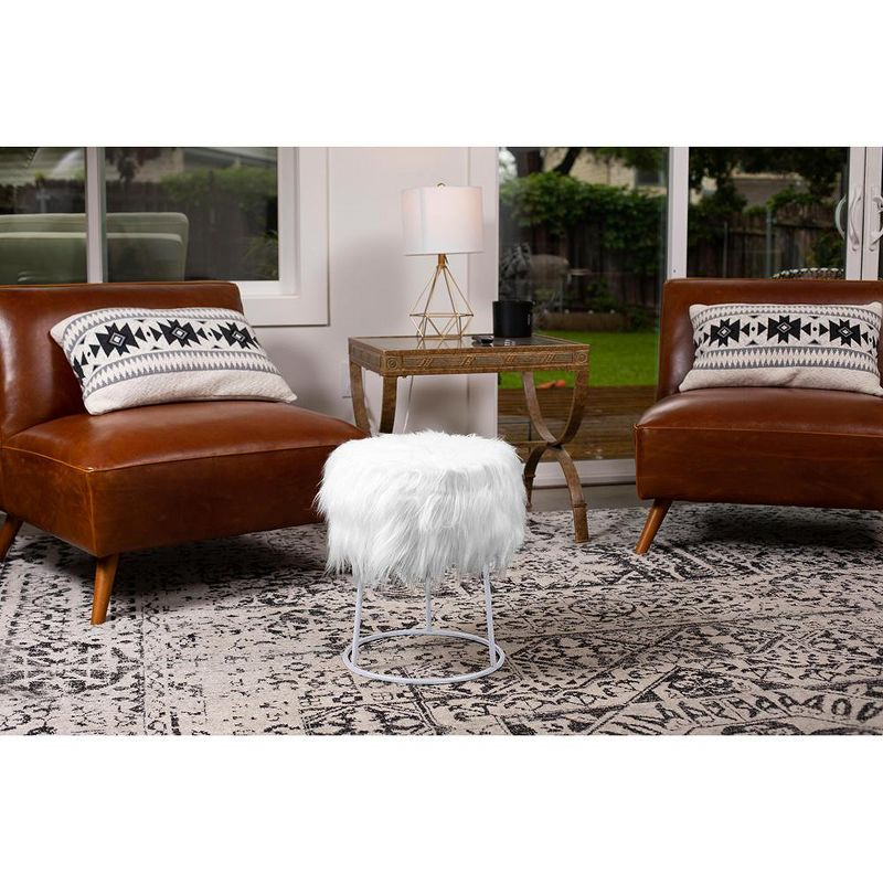 BirdRock Home Round White Faux Fur Foot Stool Storage Ottoman with Silver Legs