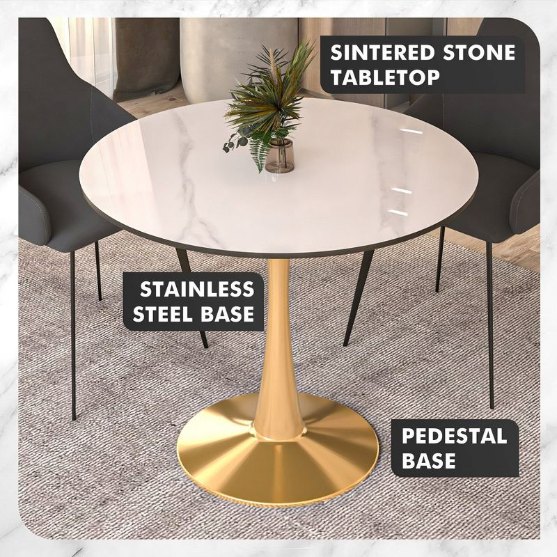 LeisureMod Bristol 35" Round Dining Table – Sintered Stone Top Accent Café Table & Sturdy Steel Gold Pedestal Base for Kitchen and Small Spaces