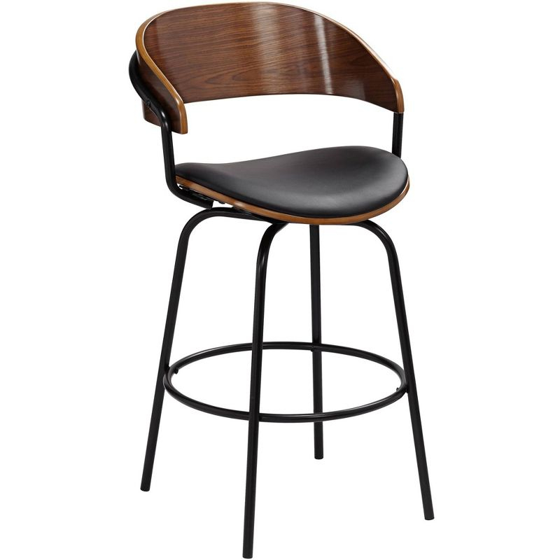 Elm Lane Larsen Black Swivel Bar Stool 26" High Mid Century Modern Faux Leather Cushion with Walnut Backrest Footrest for Kitchen Counter Height Home