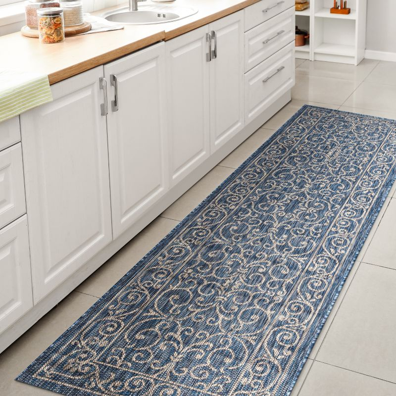 2'x8' Charleston Vintage Filigree Textured Weave Indoor/Outdoor Runner Rug, Navy/Gray - JONATHAN Y