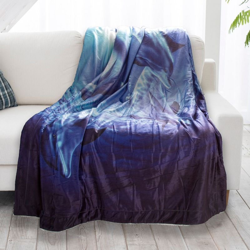 Faux Shearling Fleece Throw Blanket- Ocean Dolphin Print Pattern, Lightweight Hypoallergenic Bed Couch Soft Plush Blanket by Hastings Home