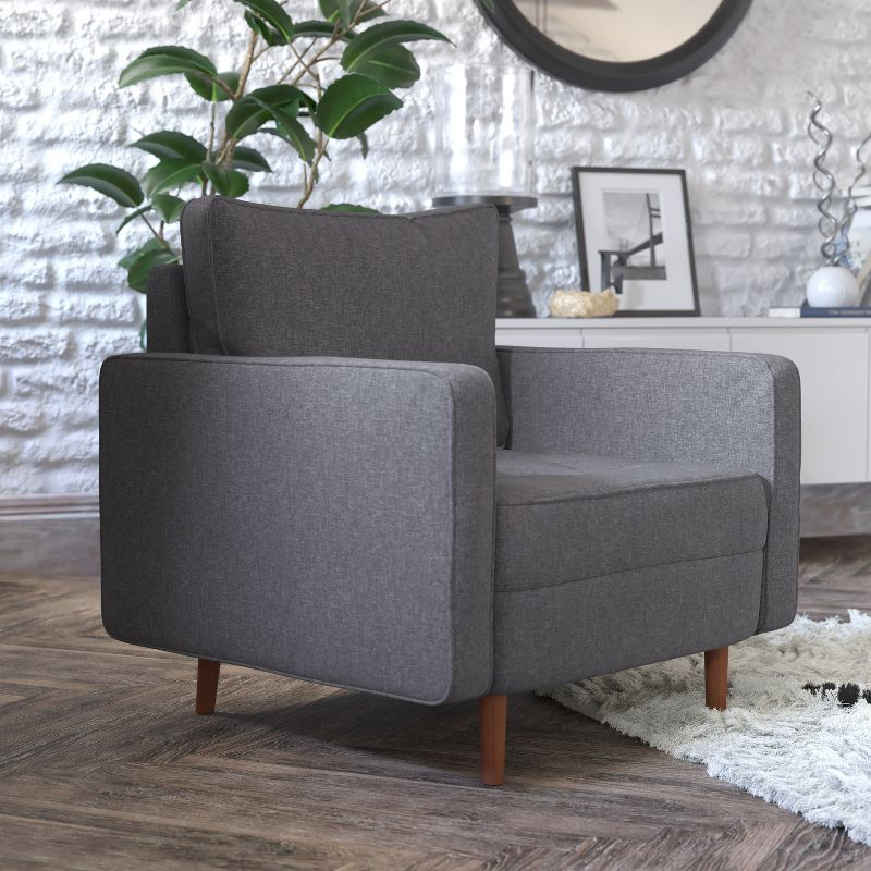 Flash Furniture Hudson Mid-Century Modern Commercial Grade Armchair with Tufted Faux Linen Upholstery & Solid Wood Legs in Dark Gray