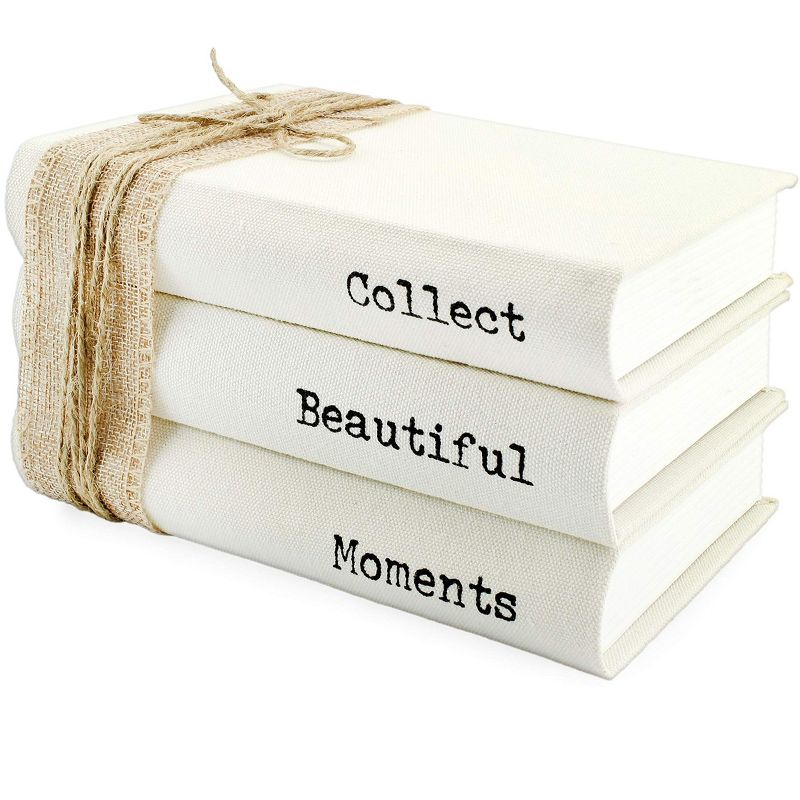 AuldHome Design Faux Book Stack: Collect Beautiful Moments Decorative Hidden Box Set w/ Burlap Ribbon Wrap