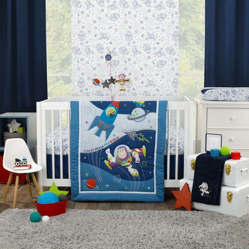 NoJo Disney Toy Story Outta This World Blue and Gray 3 Piece Nursery Crib Bedding Set - Comforter,  Fitted Crib Sheet, and Crib Skirt