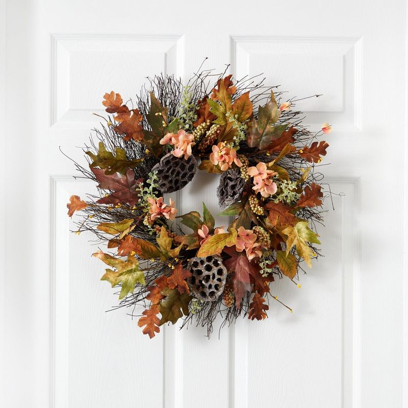 Nearly Natural 22” Autumn Hydrangea, Dried Lotus Pod Artificial Fall Wreath