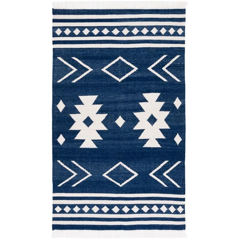 Kilim With Fringes KLM764 Flat weave Area Rug - Navy/Ivory - 4'x6' - Safavieh