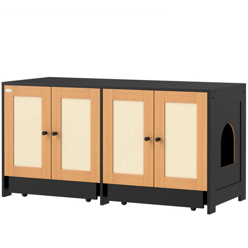 PawHut Cat Litter Box Enclosure, Hidden Litter Box Furniture for 2 Cats with 2 Cabinets, Scratching Mats & Trays, Black