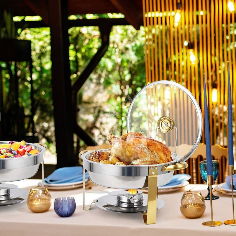 WhizMax Chafing Dish Buffet Set 2 Pack 5QT, Stainless Steel Round Chafing Dishes for Buffet with Lid Holder & Glass Lid, Gold