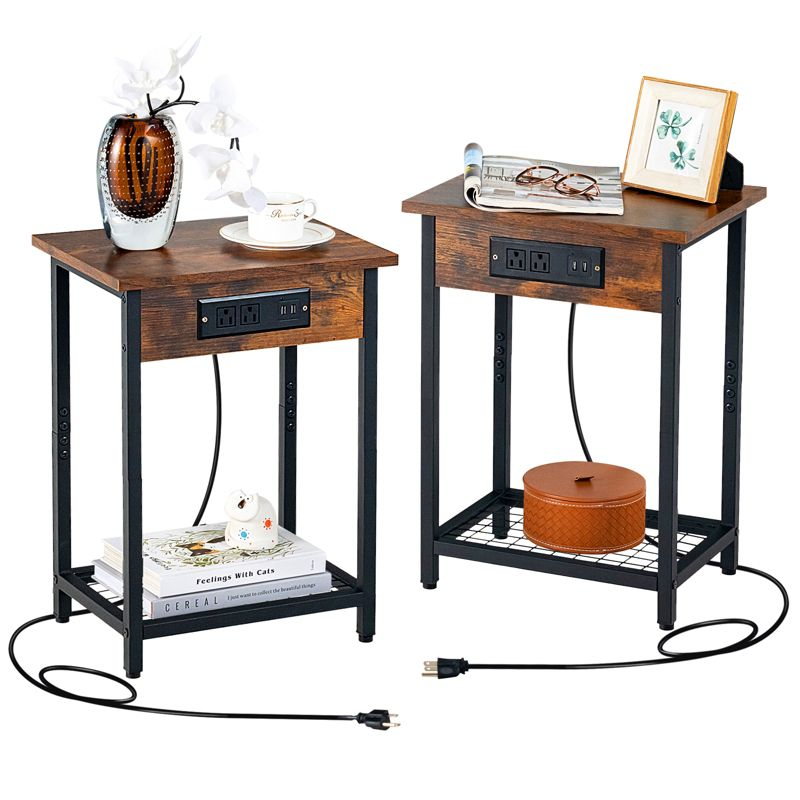 Costway Set of 2 End Tables with Charging Station Industrial Bed Side Table with AC Outlets & USB Port Rustic Brown