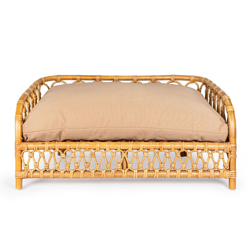 Elevated 27.5" x 17" Bohemian Handwoven Rattan Dog Daybed with Machine-Washable Cushion, Natural