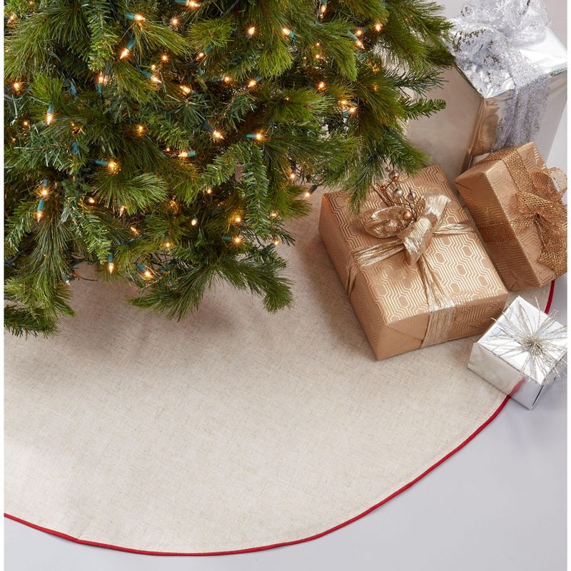 Saro Lifestyle Linen Blend Holiday Christmas Tree Skirt, Red, 56" Round