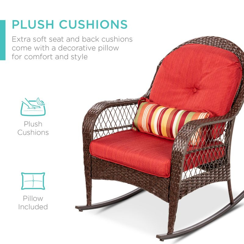 Best Choice Products Outdoor Wicker Rocking Chair for Patio, Porch w/ Steel Frame, Weather-Resistant Cushions - Red