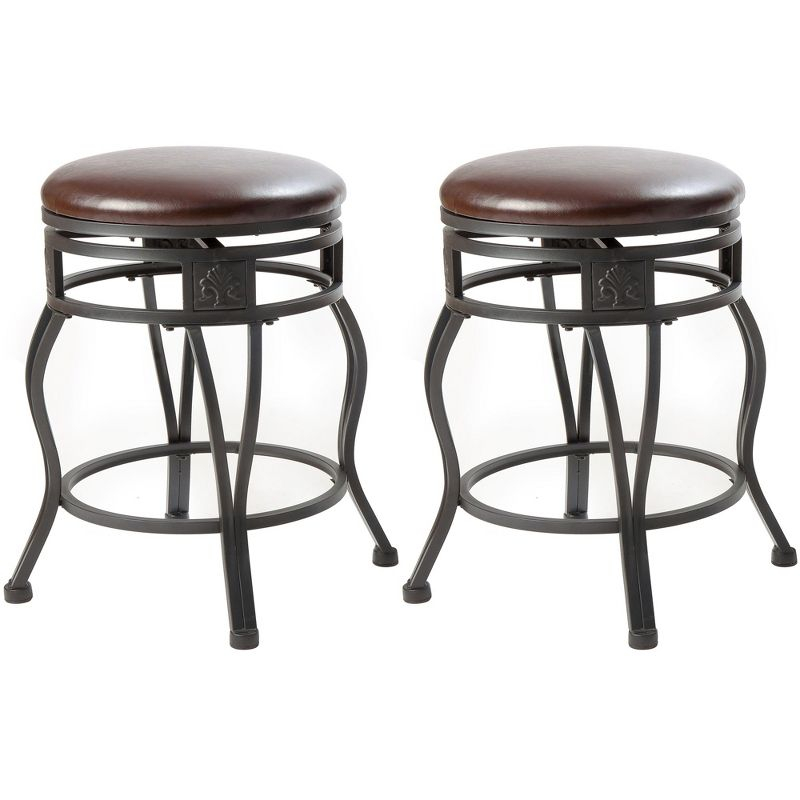 eHemco Swivel Metal Kitchen Counter Height Barstool with Upholstered Faux Leather Seat, 24 Inches, Black, Set of 2