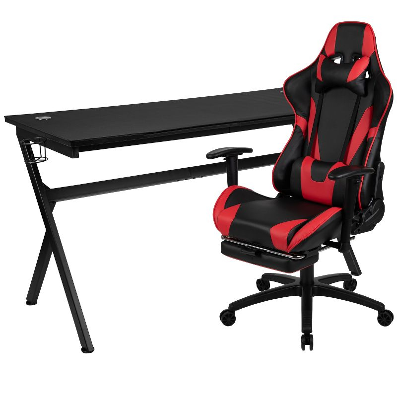 Flash Furniture Gaming Desk and Red Footrest Reclining Gaming Chair Set - Cup Holder/Headphone Hook/Removable Mouse Pad Top/Wire Management