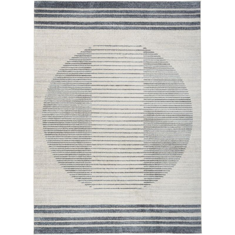 Nourison Astra Machine Washable Stripe Circle Mid-Century Modern Indoor Rug Ivory Blue 5'3" x 7'