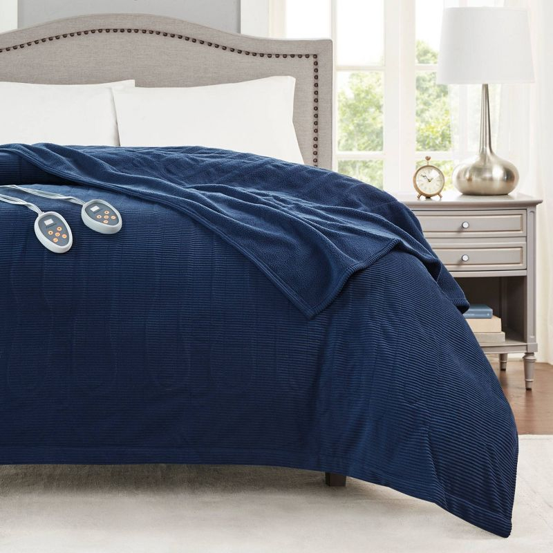 King Knitted Electric Heated Micro Fleece Bed Blanket Navy - Beautyrest: 5-Year Warranty, Machine Washable, STANDARD 100 by OEKO-TEX