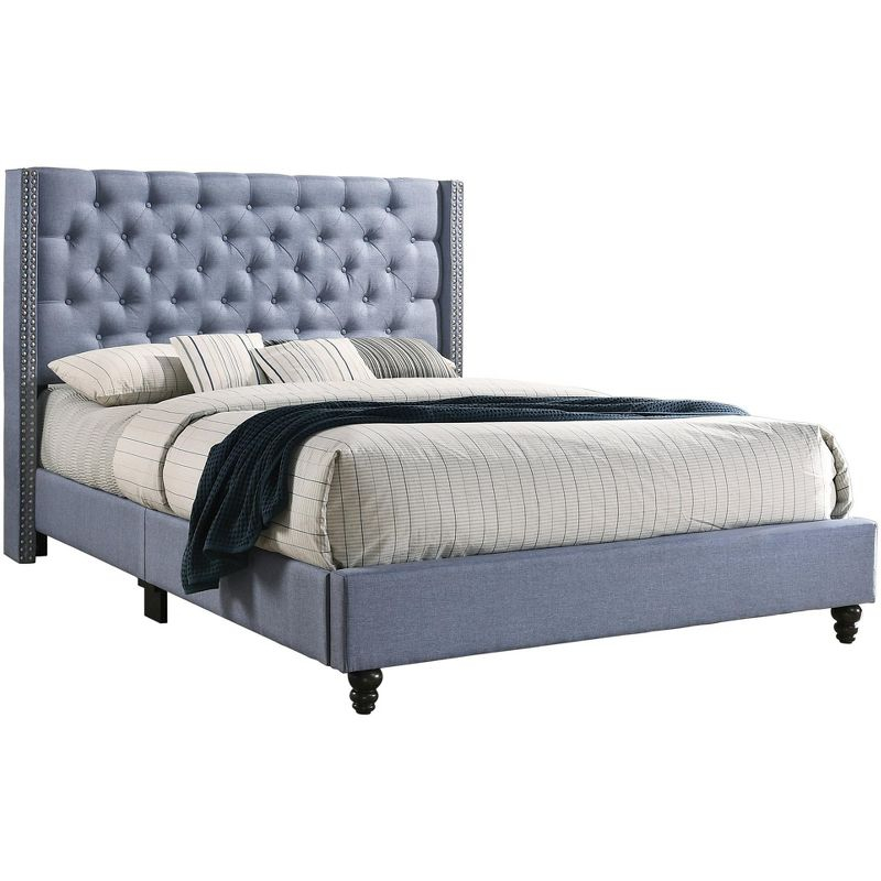 Passion Furniture Julie Blue Tufted Upholstered Low Profile Queen Panel Bed