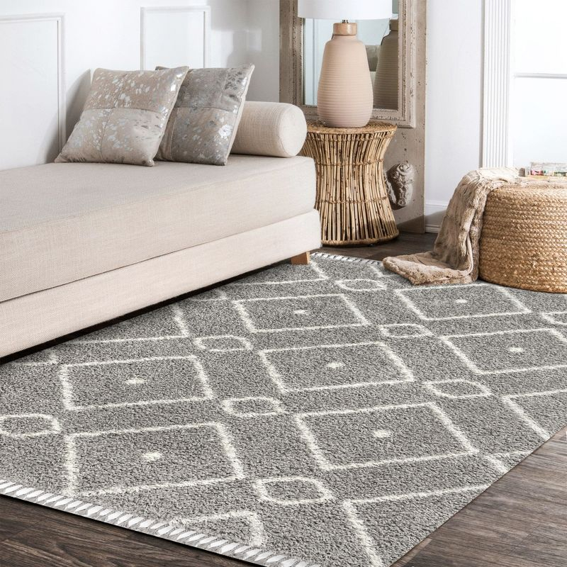 5'x8' Mercer Shag Plush Tassel Moroccan Diamond Area Rug, Grey/Cream - JONATHAN Y