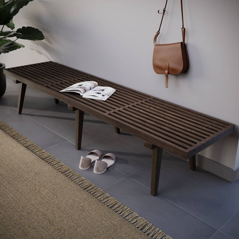 LeisureMod 72" Mid-Century Modern Slatted Wood Entry Bench, Indoor Accent Seating for Hallway or Bedroom
