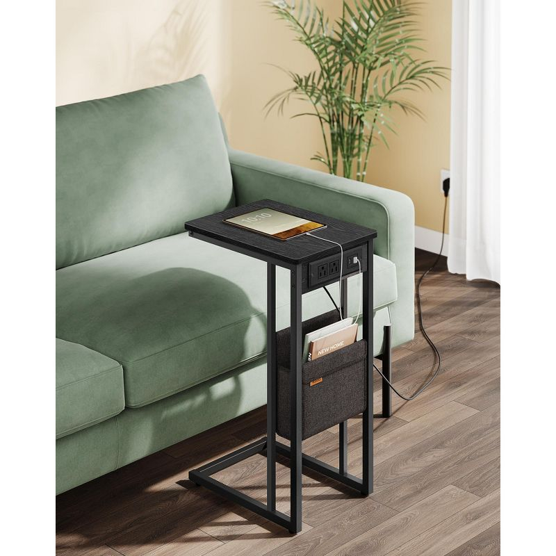 VASAGLE C-Shaped Side Table, End Table with Charging Station, 2 USB Ports and Outlets, C Table for Couch, Sofa, with Storage Bag, Ebony Black