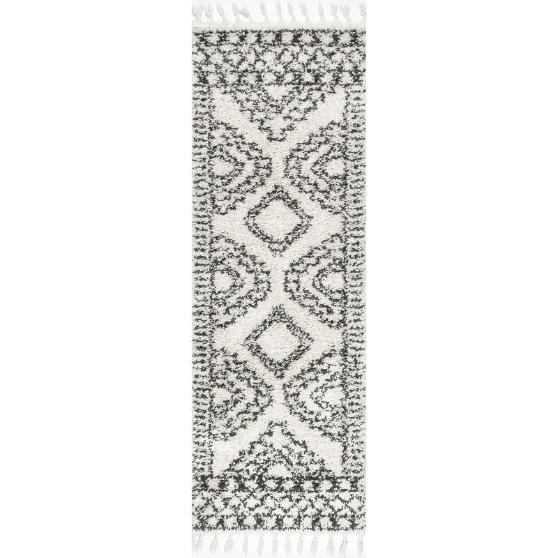 Nuloom Vasiliki Geometric 2x8 Runner Shag Indoor Area Rug for Living Room Bedroom Dining Room Nursery Entryway Hallway, Off White/Charcoal