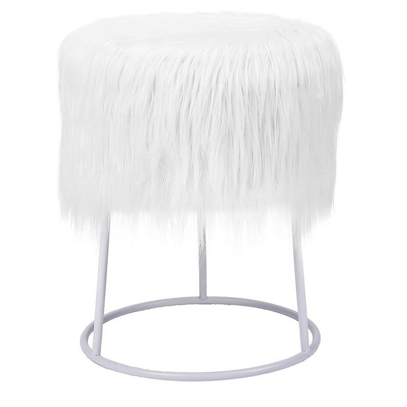 BirdRock Home Round White Faux Fur Foot Stool Storage Ottoman with Silver Legs