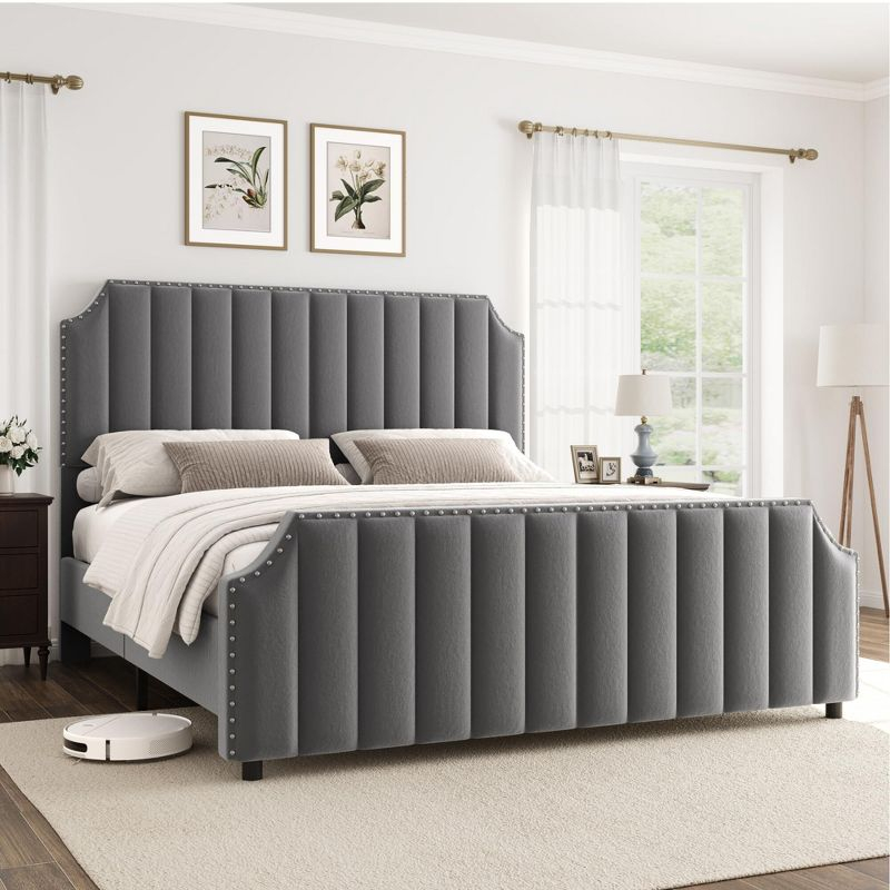 Queen Size Platform Bed Frame with 50.2" Headboard, Velvet Upholstered Bed Frame Queen with Vertical Channel Tufted Headboard & Footboard,Light Gray
